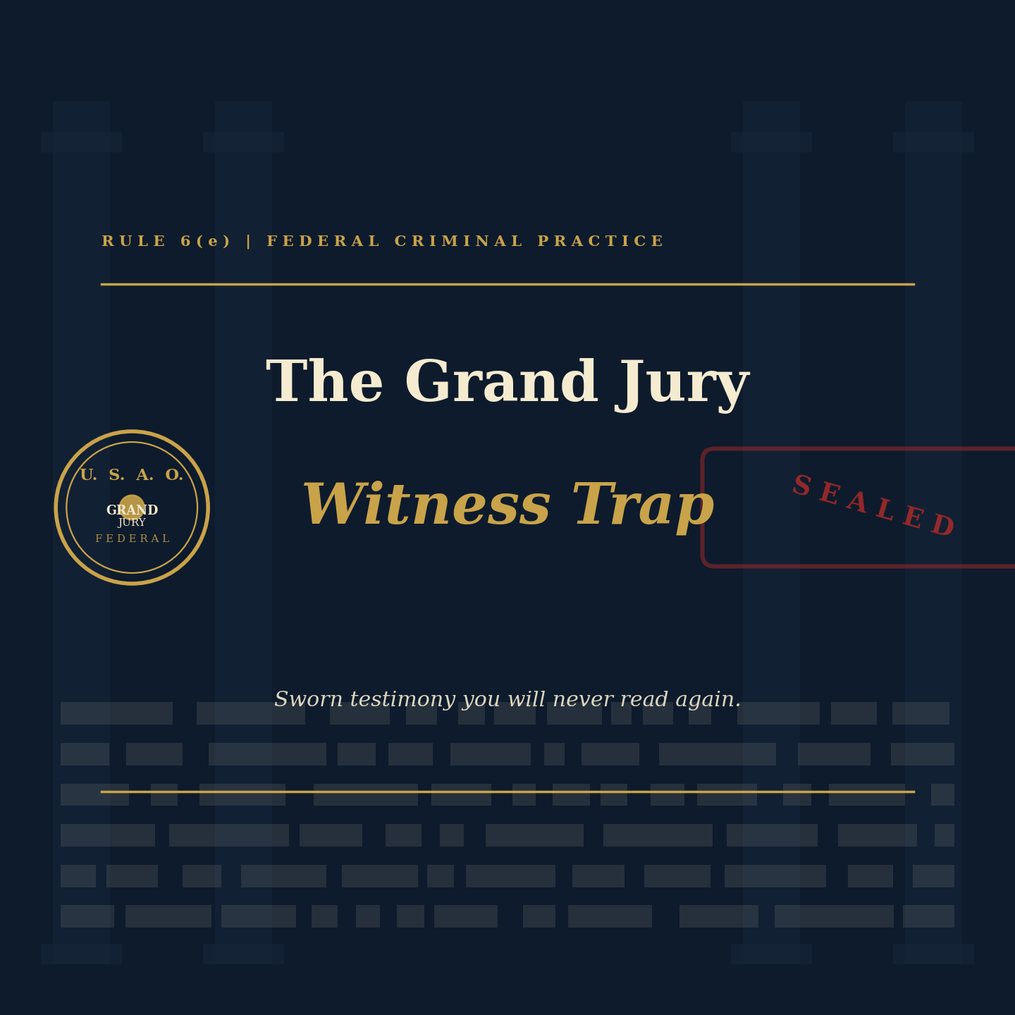 Federal grand jury witness leaves the suite &mdash; sworn testimony sealed under FRCrP 6(e), no transcript, no recording, no counsel in the room
